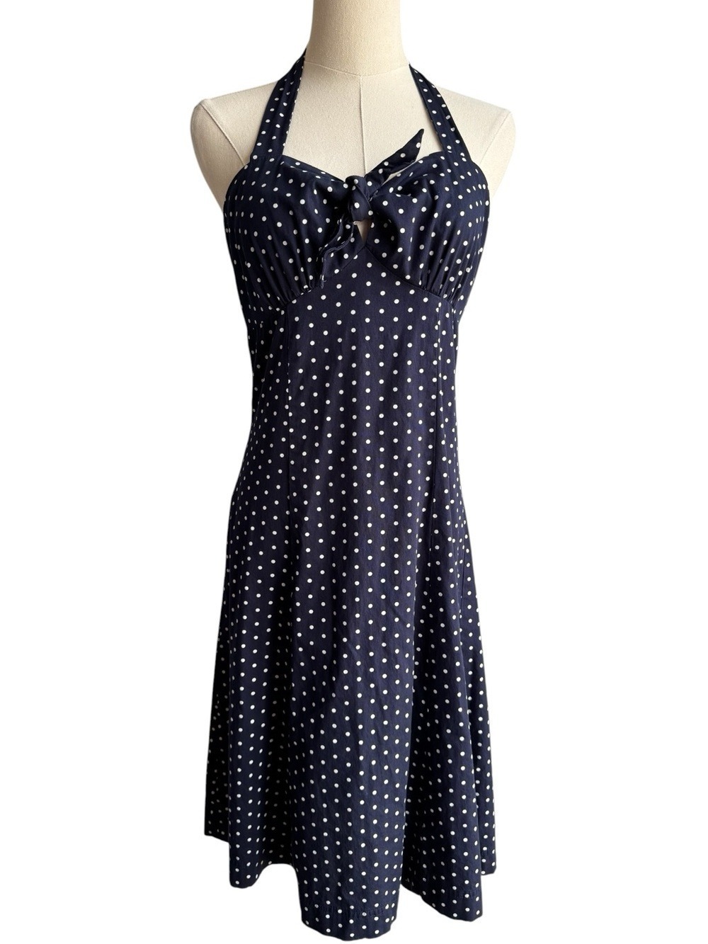 Retro Navy Pinup Halter Dress Sz Small Polka Dot Rockabilly Sundress Fit & Flare